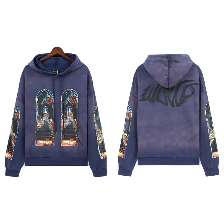 Washed distressed heavy-duty printed suit retro hooded sweatshirt