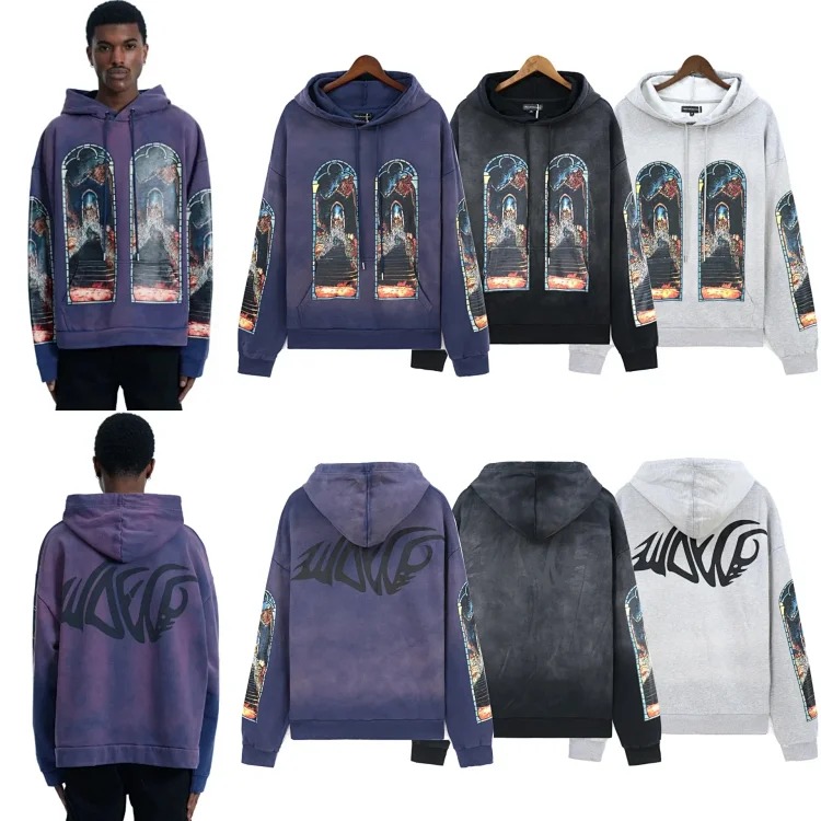 Washed distressed heavy-duty printed suit retro hooded sweatshirt