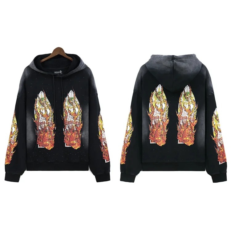 Washed distressed heavy-duty printed suit retro hooded sweatshirt