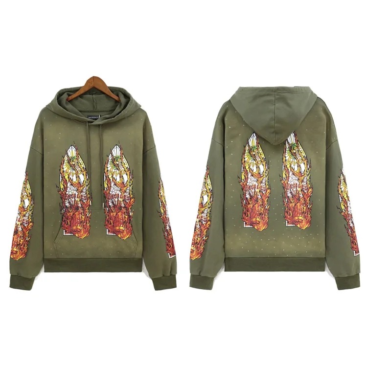 Washed distressed heavy-duty printed suit retro hooded sweatshirt