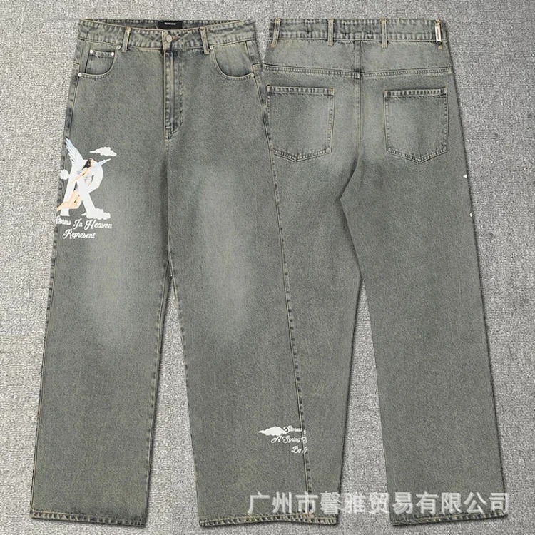 Embroidered jeans, straight-leg trousers, washed, cut, splash-ink, distressed trousers, workwear classic trousers