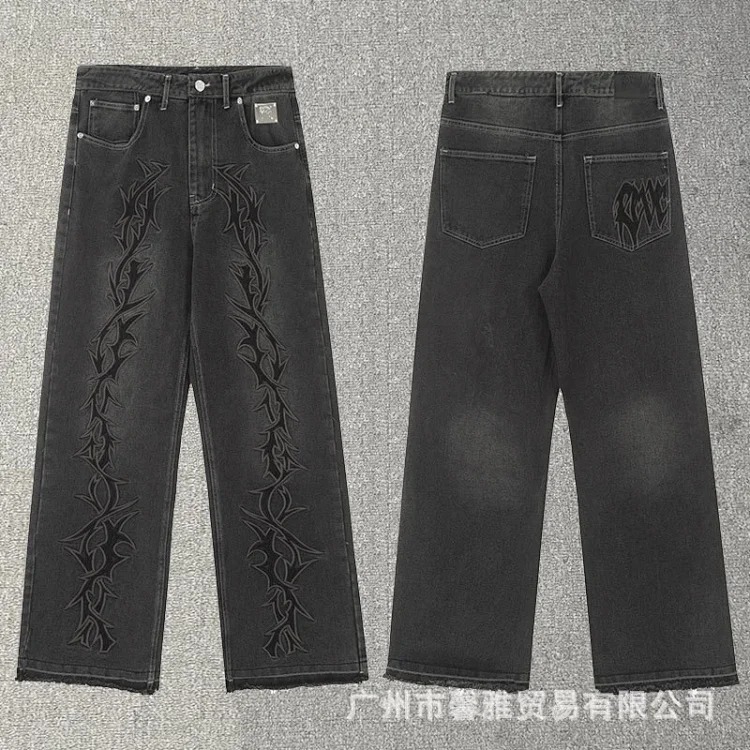 Embroidered jeans, straight-leg trousers, washed, cut, splash-ink, distressed trousers, workwear classic trousers