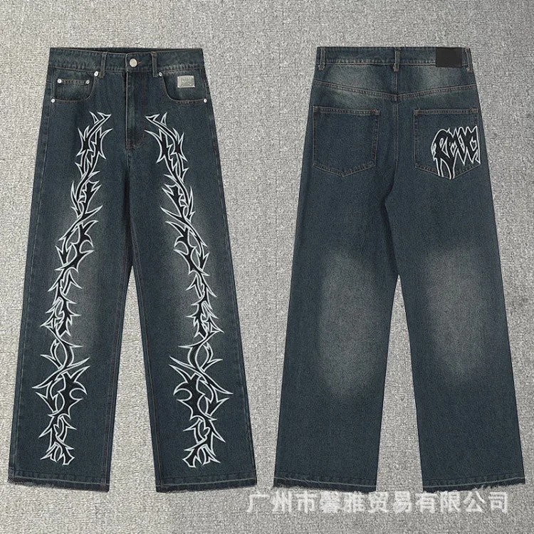 Embroidered jeans, straight-leg trousers, washed, cut, splash-ink, distressed trousers, workwear classic trousers