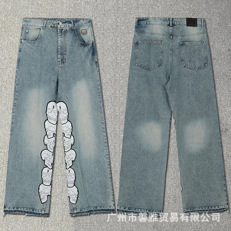 Embroidered jeans, straight-leg trousers, washed, cut, splash-ink, distressed trousers, workwear classic trousers