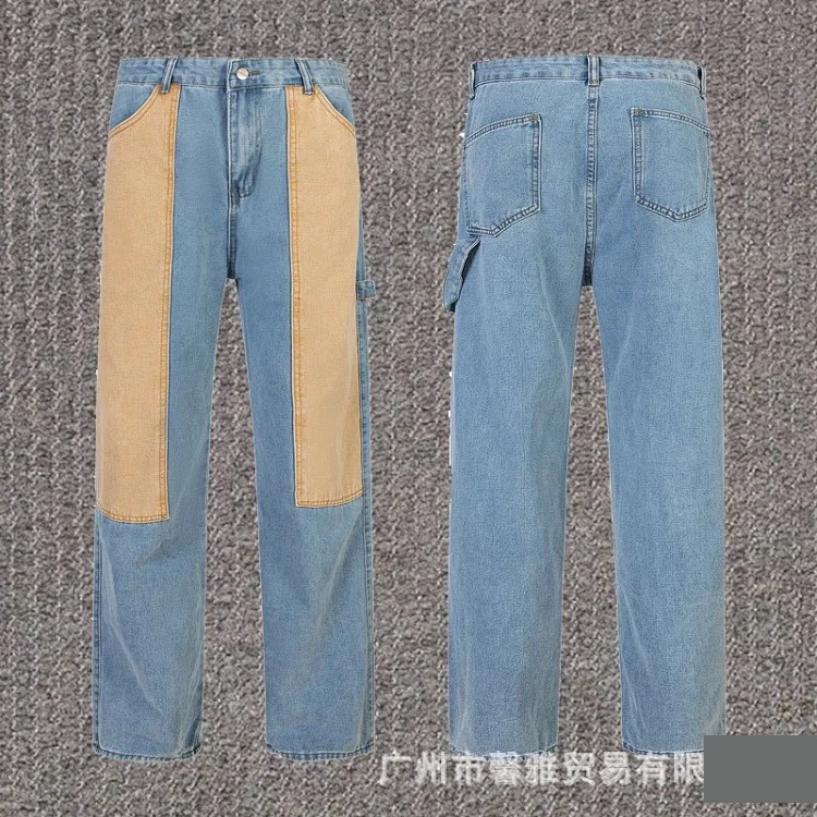Embroidered jeans, straight-leg trousers, washed, cut, splash-ink, distressed trousers, workwear classic trousers