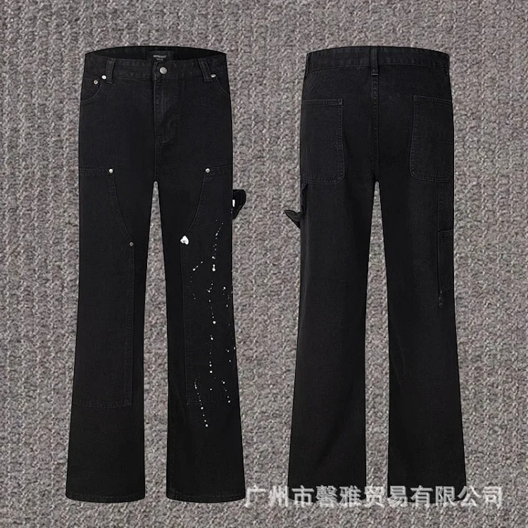 Embroidered jeans, straight-leg trousers, washed, cut, splash-ink, distressed trousers, workwear classic trousers
