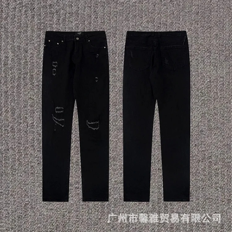 Embroidered jeans, straight-leg trousers, washed, cut, splash-ink, distressed trousers, workwear classic trousers
