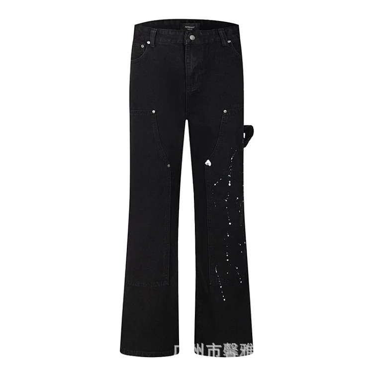 Embroidered jeans, straight-leg trousers, washed, cut, splash-ink, distressed trousers, workwear classic trousers