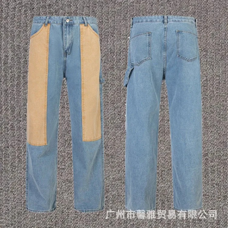 Embroidered jeans, straight-leg trousers, washed, cut, splash-ink, distressed trousers, workwear classic trousers