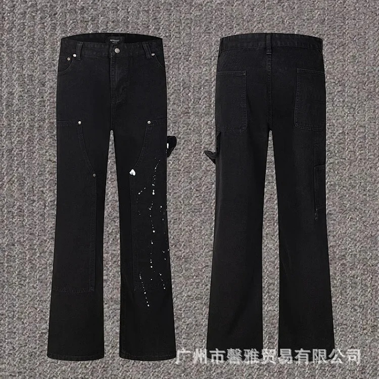 Embroidered jeans, straight-leg trousers, washed, cut, splash-ink, distressed trousers, workwear classic trousers