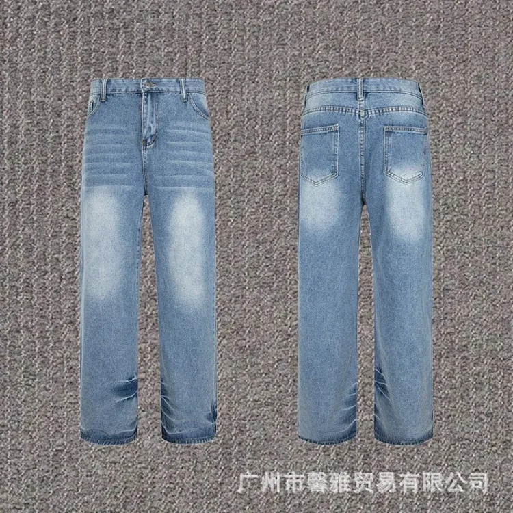Embroidered jeans, straight-leg trousers, washed, cut, splash-ink, distressed trousers, workwear classic trousers