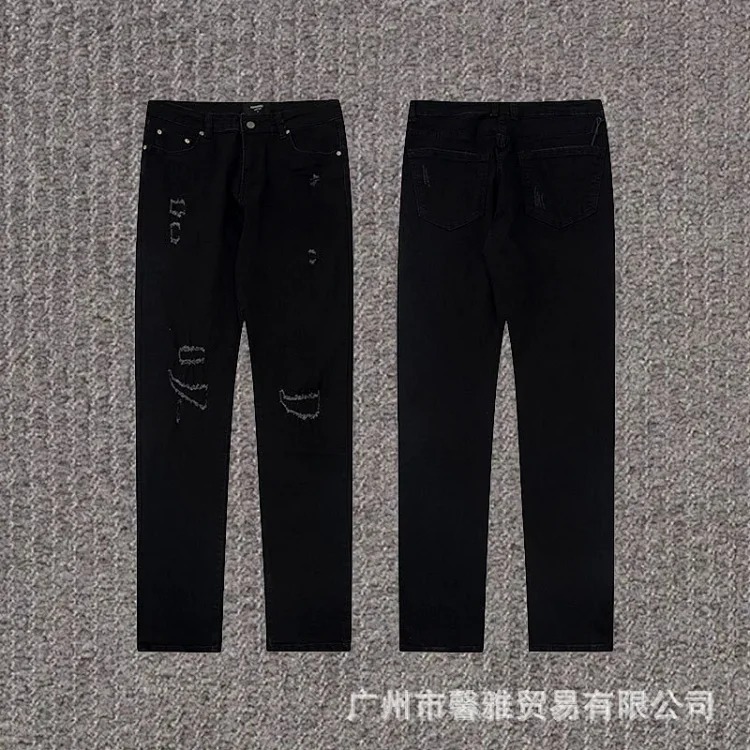 Embroidered jeans, straight-leg trousers, washed, cut, splash-ink, distressed trousers, workwear classic trousers