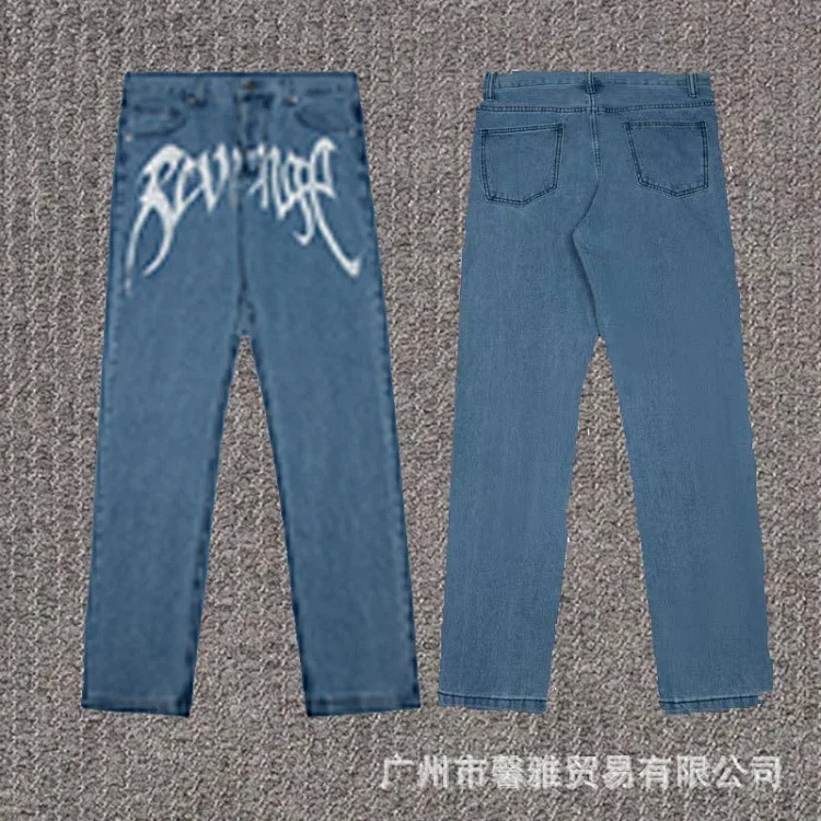 Embroidered jeans, straight-leg trousers, washed, cut, splash-ink, distressed trousers, workwear classic trousers