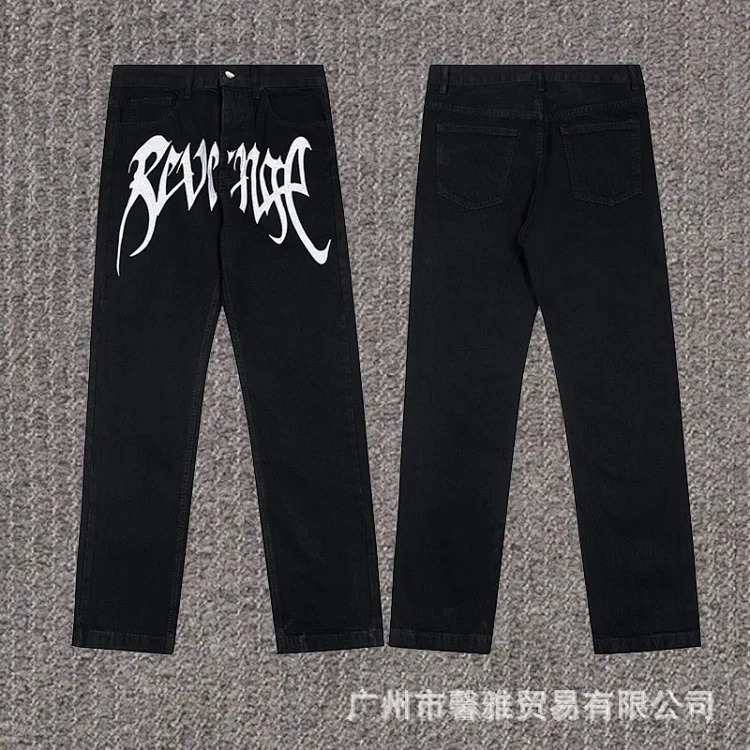 Embroidered jeans, straight-leg trousers, washed, cut, splash-ink, distressed trousers, workwear classic trousers