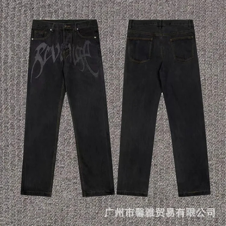 Embroidered jeans, straight-leg trousers, washed, cut, splash-ink, distressed trousers, workwear classic trousers