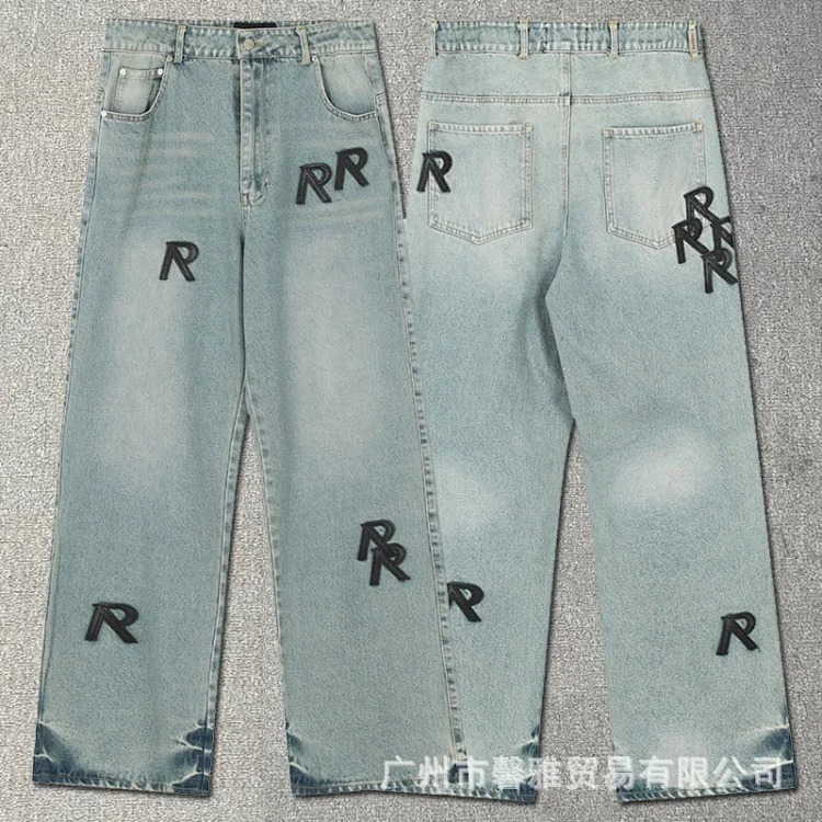 Embroidered jeans, straight-leg trousers, washed, cut, splash-ink, distressed trousers, workwear classic trousers