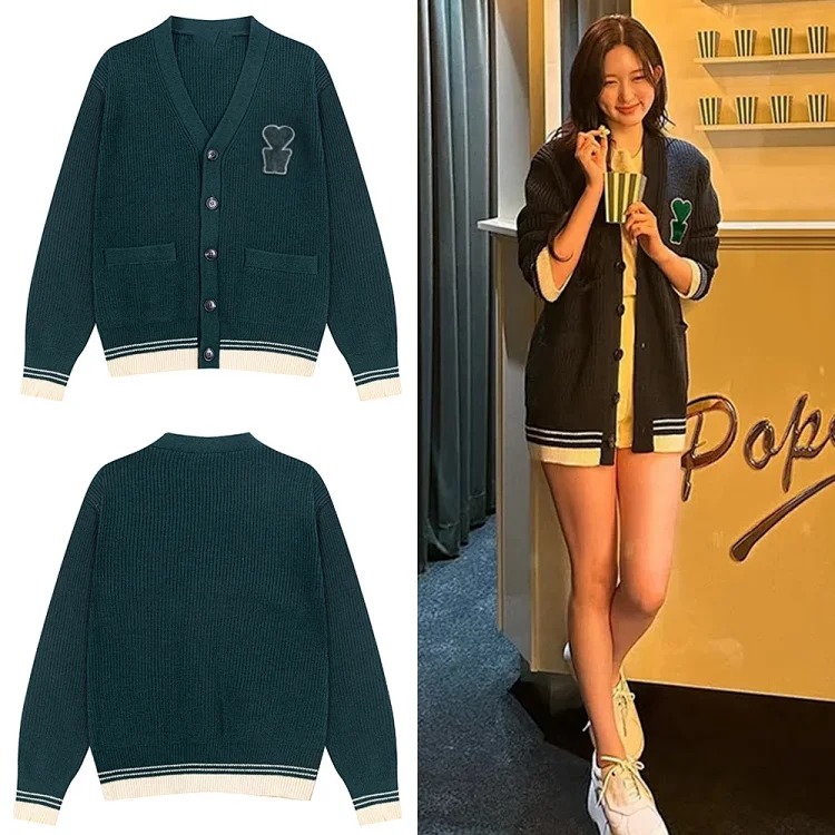 Winter color block love letters embroidered sweater jacket casual V-neck knitted cardigan
