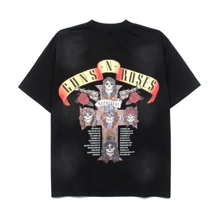 Spring and style rose print washed distressed vintage loose short-sleeved T-shirt