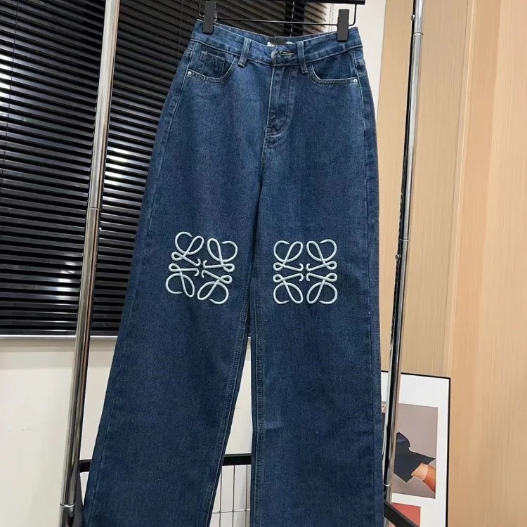 Embroidered wide-leg casual loose straight denim trousers