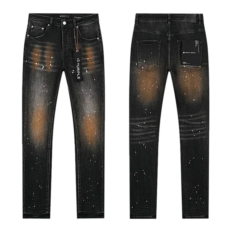 Foreign trade new real-shot spot beauty trendy high street casual ripped hole slim fit men and women couples washed denim trousers with slight flares