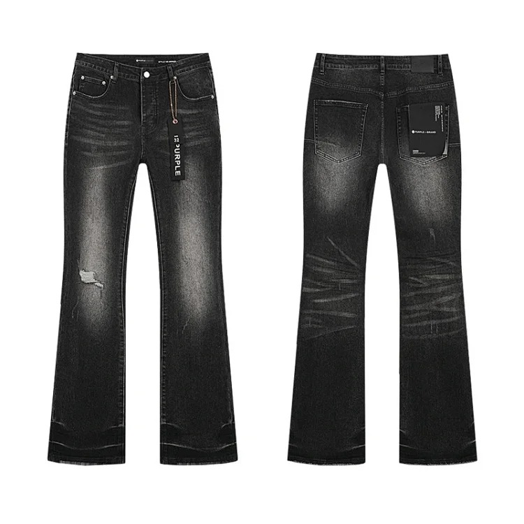 Foreign trade new real-shot spot beauty trendy high street casual ripped hole slim fit men and women couples washed denim trousers with slight flares