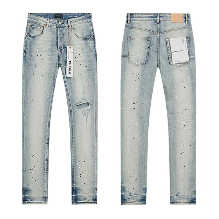 Foreign trade new real-shot spot beauty trendy high street casual ripped hole slim fit men and women couples washed denim trousers with slight flares