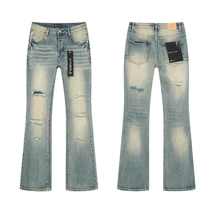 Foreign trade new real-shot spot beauty trendy high street casual ripped hole slim fit men and women couples washed denim trousers with slight flares
