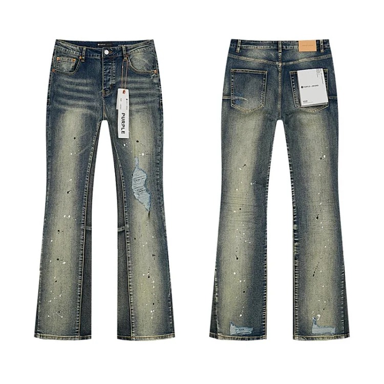 Foreign trade new real-shot spot beauty trendy high street casual ripped hole slim fit men and women couples washed denim trousers with slight flares