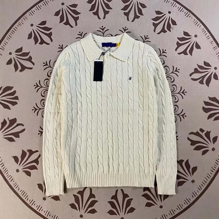 Ralph Lauren Pony logo lapel retro embroidery casual couple button twist knitwear long-sleeved sweater for women