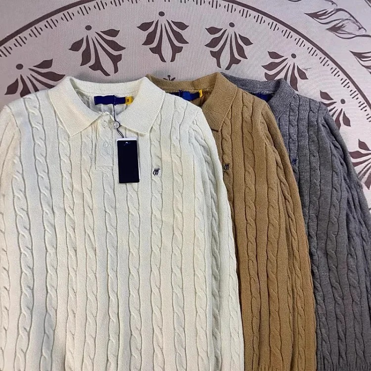 Ralph Lauren Pony logo lapel retro embroidery casual couple button twist knitwear long-sleeved sweater for women