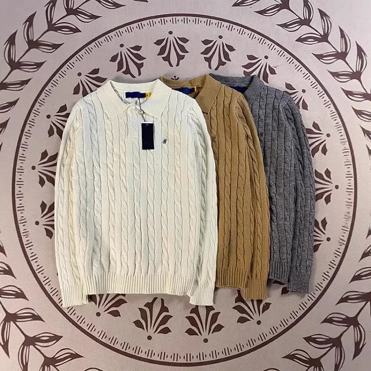 Ralph Lauren Pony logo lapel retro embroidery casual couple button twist knitwear long-sleeved sweater for women