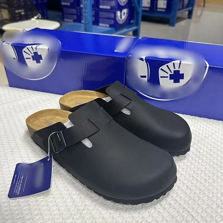 Genuine leather cork sole half-pack platform sandals and slippers