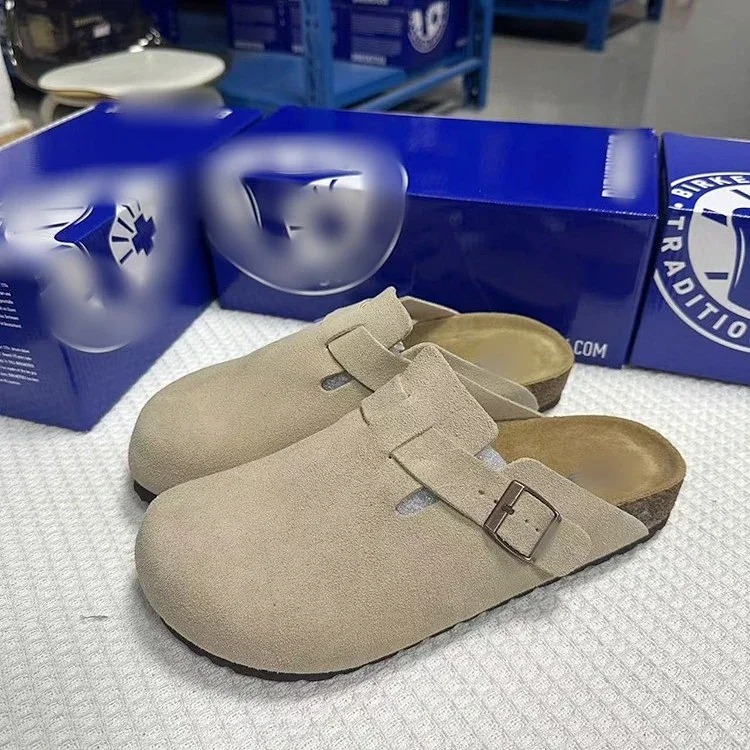 Genuine leather cork sole half-pack platform sandals and slippers