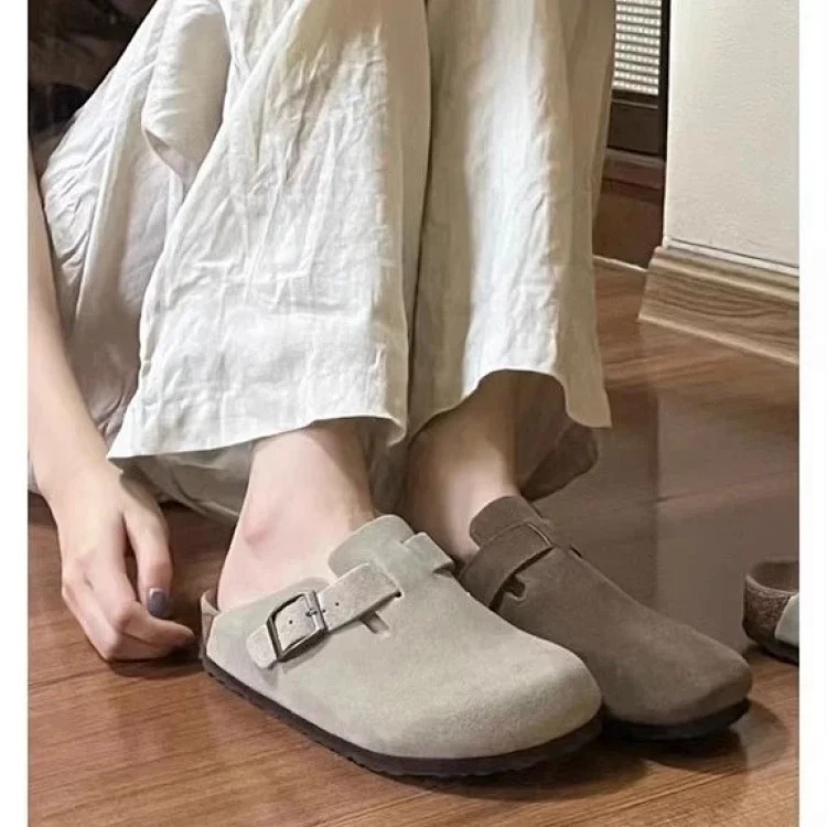 Genuine leather cork sole half-pack platform sandals and slippers