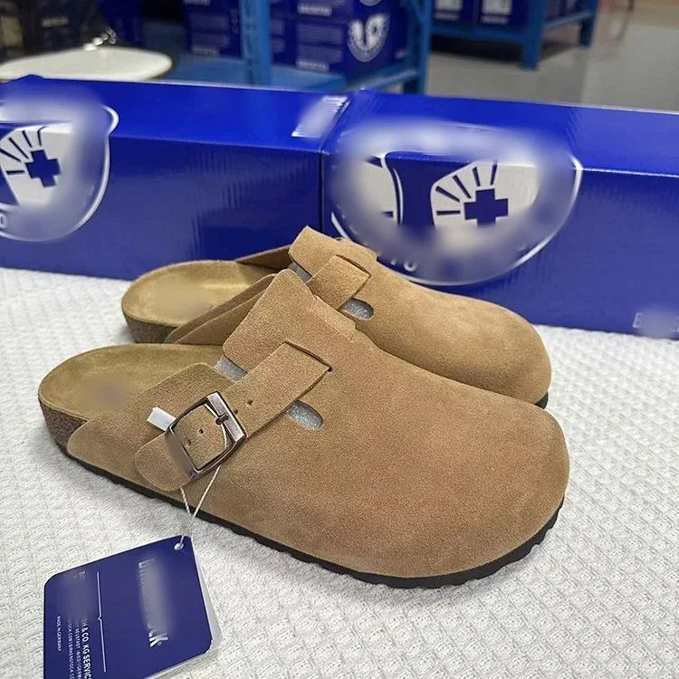 Genuine leather cork sole half-pack platform sandals and slippers