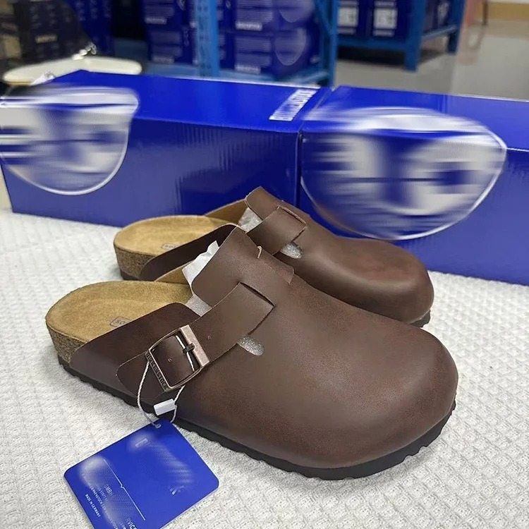 Genuine leather cork sole half-pack platform sandals and slippers