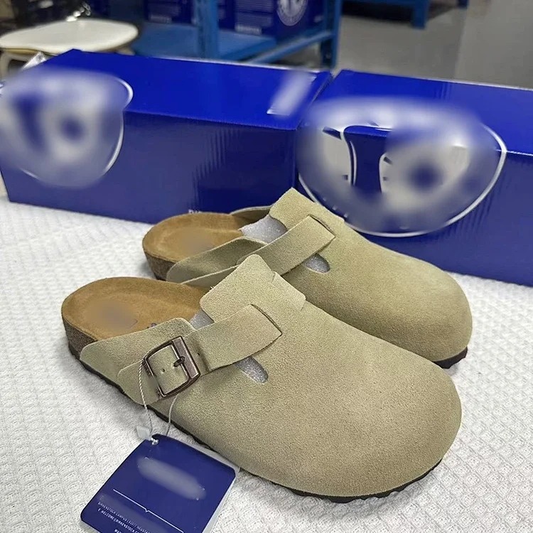 Genuine leather cork sole half-pack platform sandals and slippers