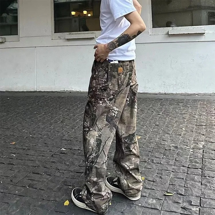 Kaha embroidered logo logging pants heavy washed distressed overalls trousers couple