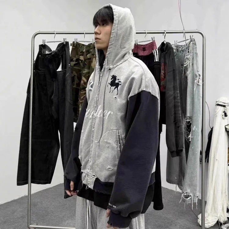Spliced ​​washed distressed frayed embroidery zipper cardigan hooded sweatshirt jacket for men