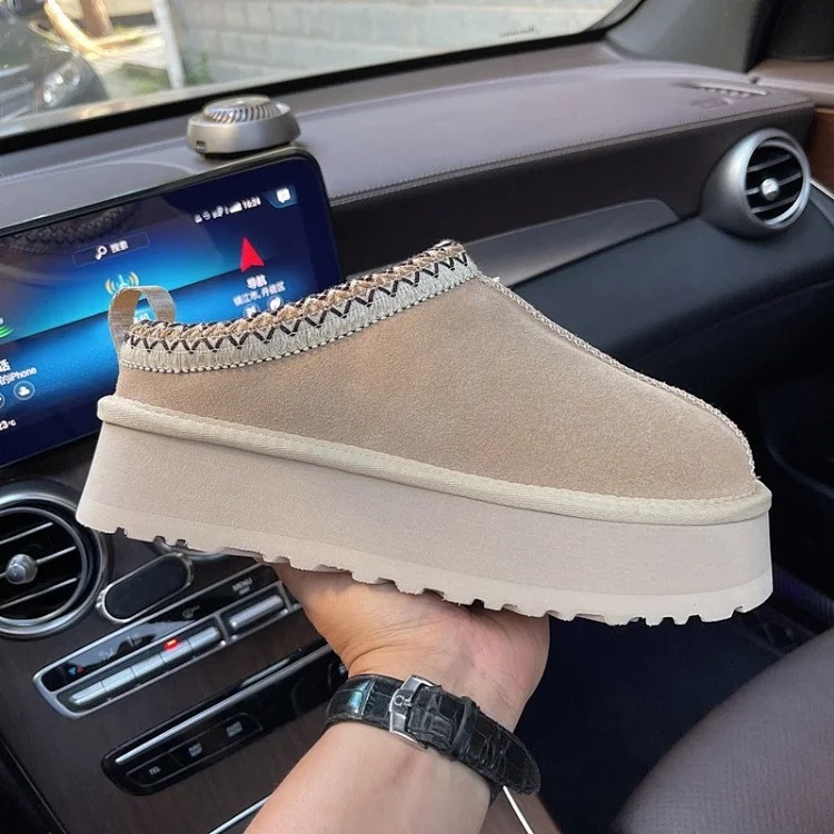 Ethnic style braided thick-soled snow boots women's inner heightening fur all-in-one cotton boots slippers cowhide wool plus velvet anti-slip
