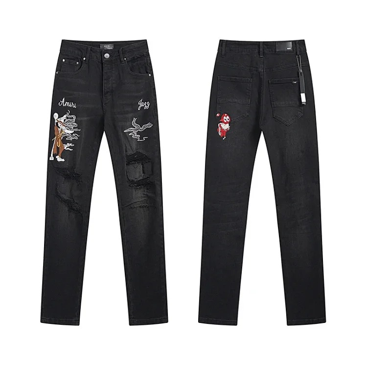 American High Street Ripped Patches Trendy Retro Straight Jeans