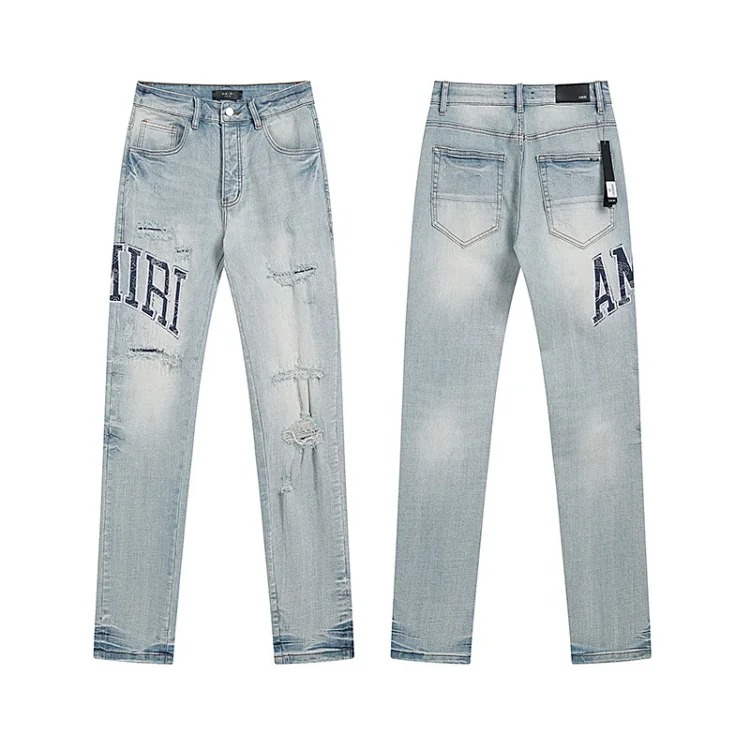 American High Street Ripped Patches Trendy Retro Straight Jeans