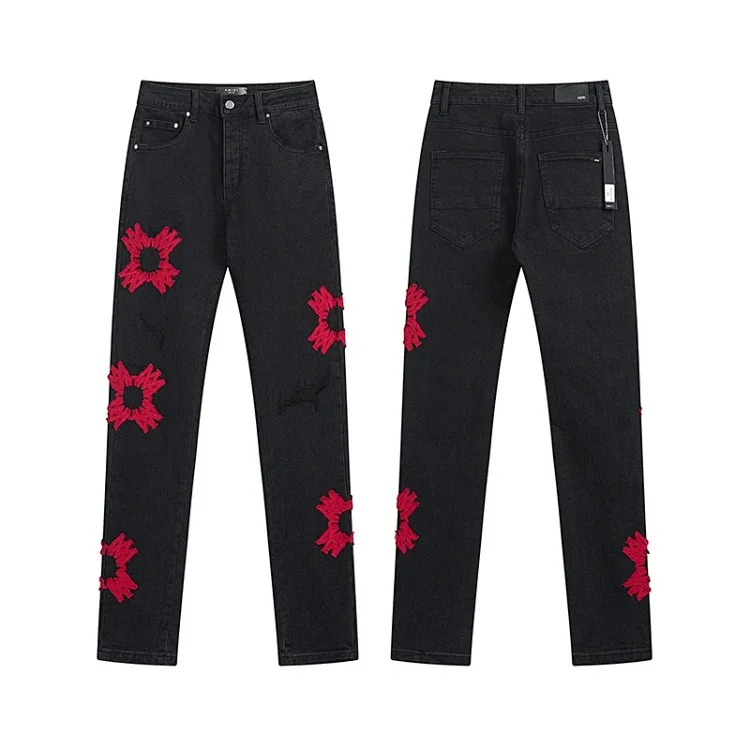 American High Street Ripped Patches Trendy Retro Straight Jeans