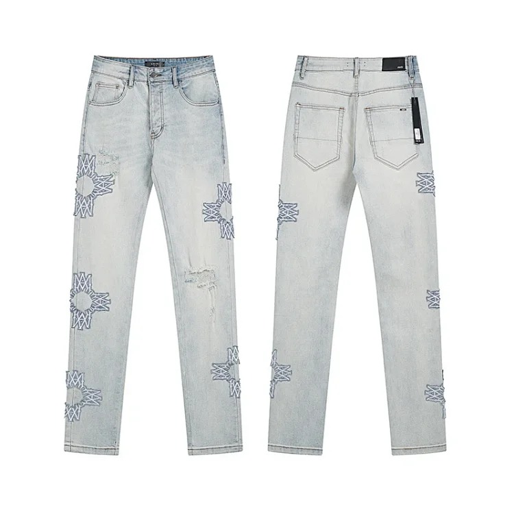 American High Street Ripped Patches Trendy Retro Straight Jeans