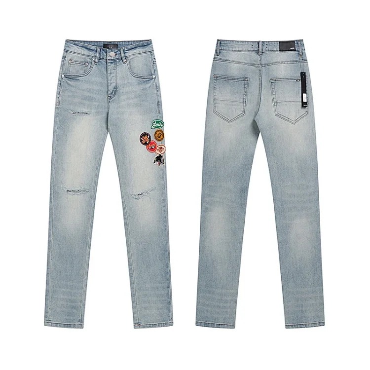 American High Street Ripped Patches Trendy Retro Straight Jeans