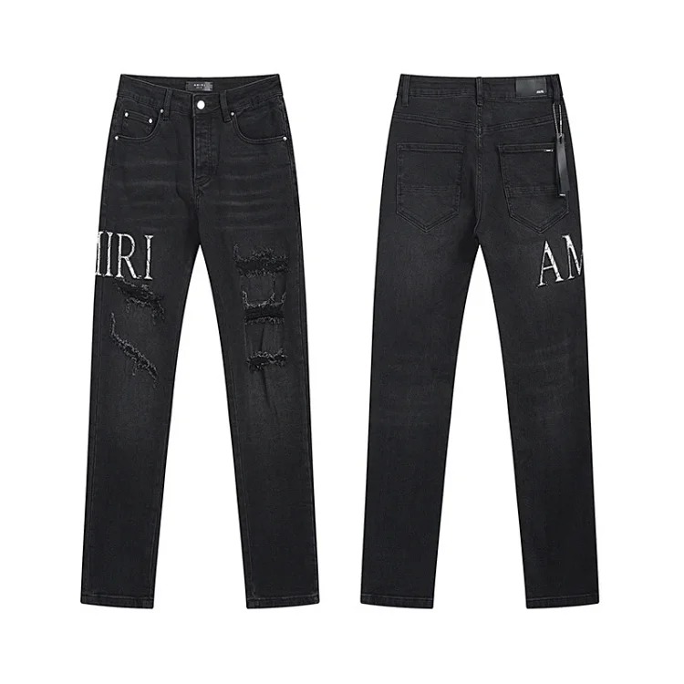American High Street Ripped Patches Trendy Retro Straight Jeans