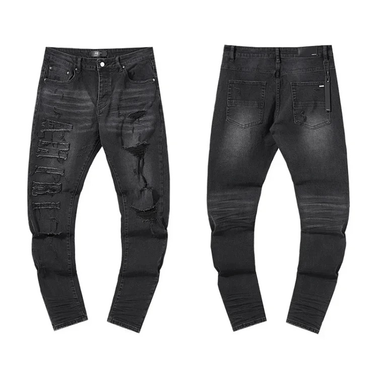 American High Street Ripped Patches Trendy Retro Straight Jeans