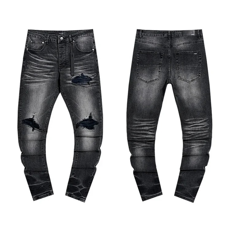 American High Street Ripped Patches Trendy Retro Straight Jeans