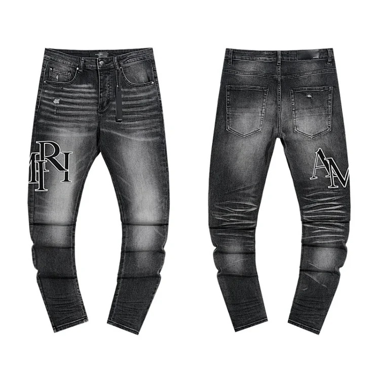 American High Street Ripped Patches Trendy Retro Straight Jeans