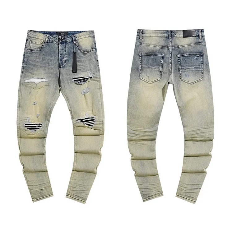 American High Street Ripped Patches Trendy Retro Straight Jeans